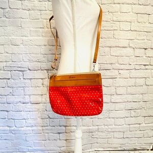 Brighton Pixie Heart Pouch Crossbody Bag, Patent Red Leather With Heart Pattern